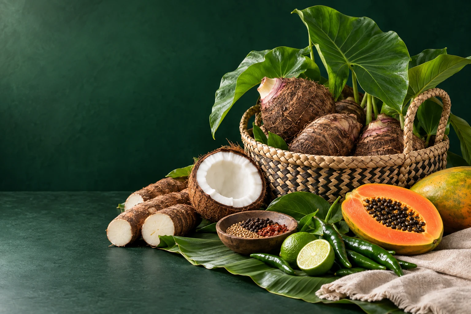 Taro, cassava, coconut and tropical ingredients arranged for a shared meal
